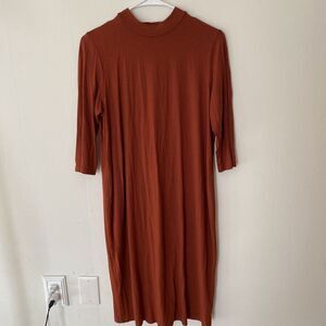 eileen fisher M Dress Midi Burnt Orange Stretch Slinky Flowy 3/4 Sleeve Viscose